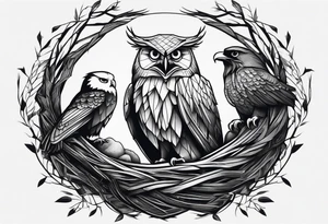 Owl, raven, eagle cuddled in a nest, birdseye view tattoo idea