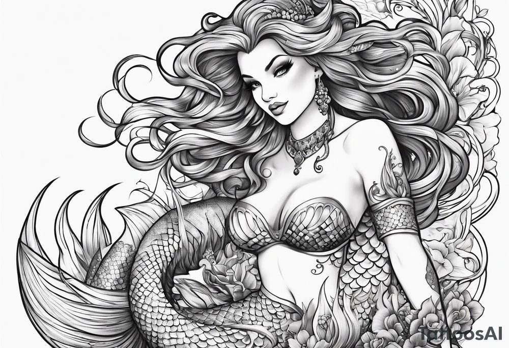 mermaid in line art american tattoo vintage style full body tattoo idea
