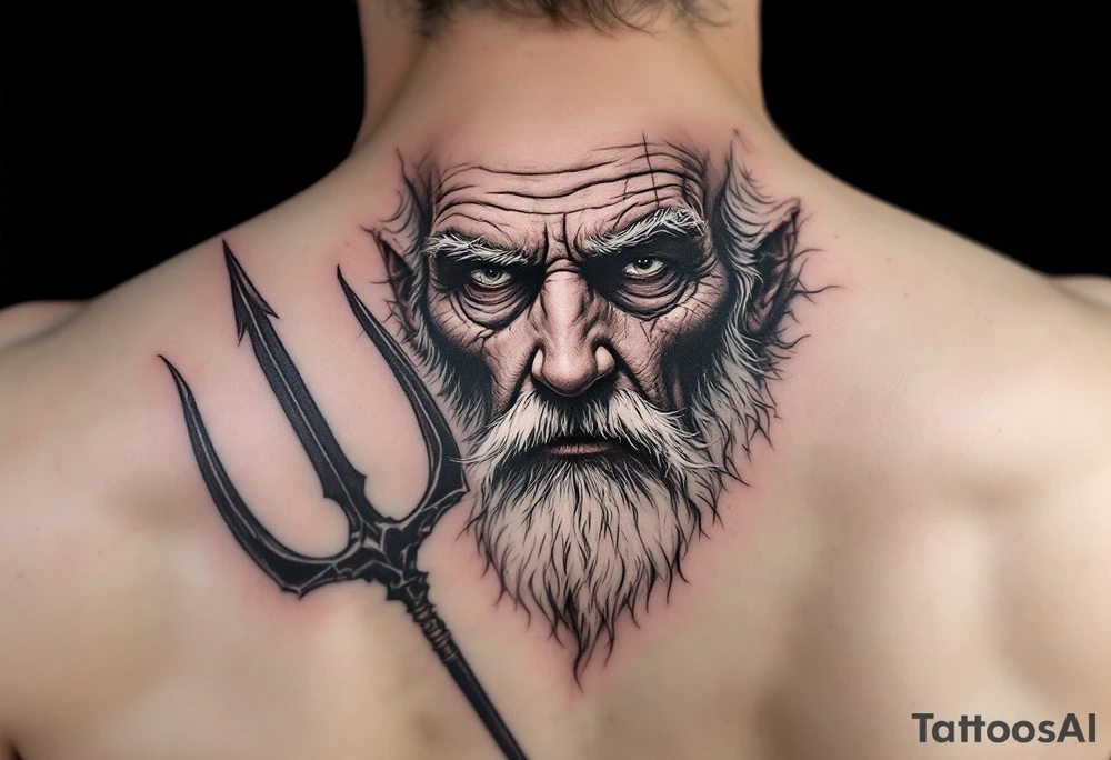 close-up old man with trident tattoo idea