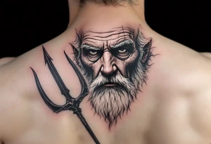 close-up old man with trident tattoo idea