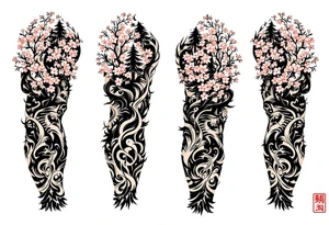 evergreen forest with sakura trees tattoo idea