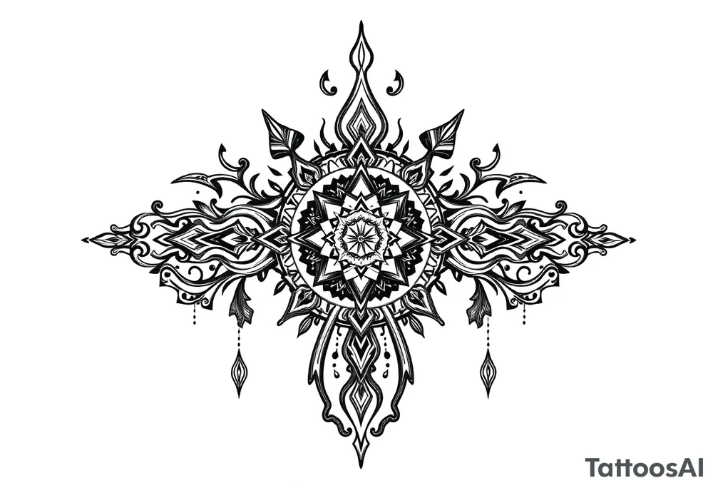 mystical dark and long ornament with shaman and witch style and ancient rhyme tattoo idea