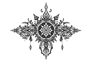 mystical dark and long ornament with shaman and witch style and ancient rhyme tattoo idea
