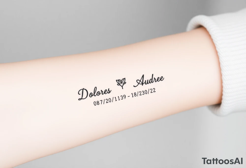 Memorial tattoo
Dolores 08/30/33-01/30-22
Audrey 07/18/35-08/21/22 tattoo idea