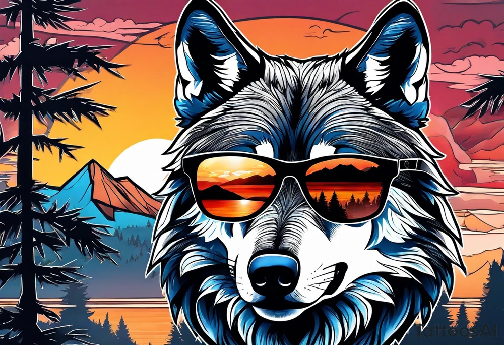 Badass wolf wearing sunglasses
Dark woods
Mountain peaks
Sunset tattoo idea