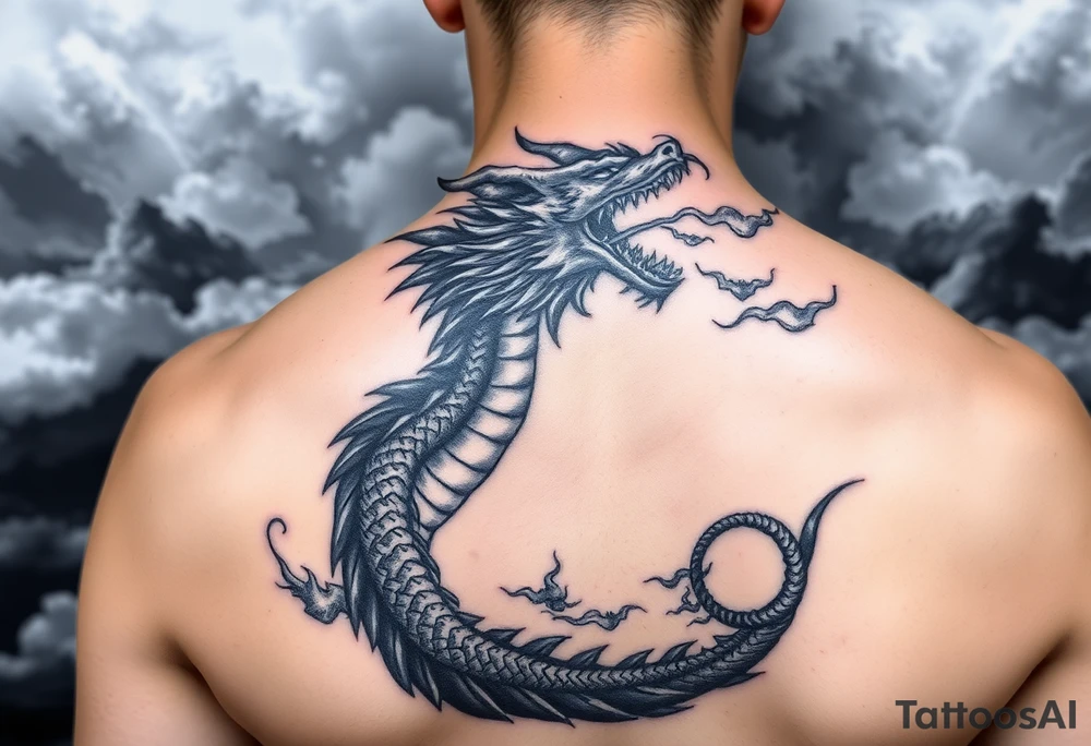 fierce dragon breathing iridescent fire against stormy skies tattoo idea