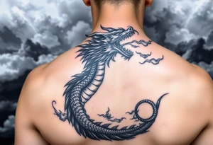 fierce dragon breathing iridescent fire against stormy skies tattoo idea