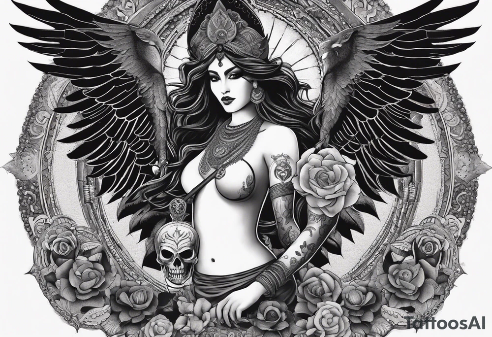 black kali, goddess pirate, alien, angel, pachamama, valkrye, warrior, flying, skull, lotus azul, wing, eagle, zenza resonance, stars, 5D, anahata chakra, death, durga, riding on a tiger, flying lady, kundalini, chest tatoo, samuri, rebel, serpent tattoo idea