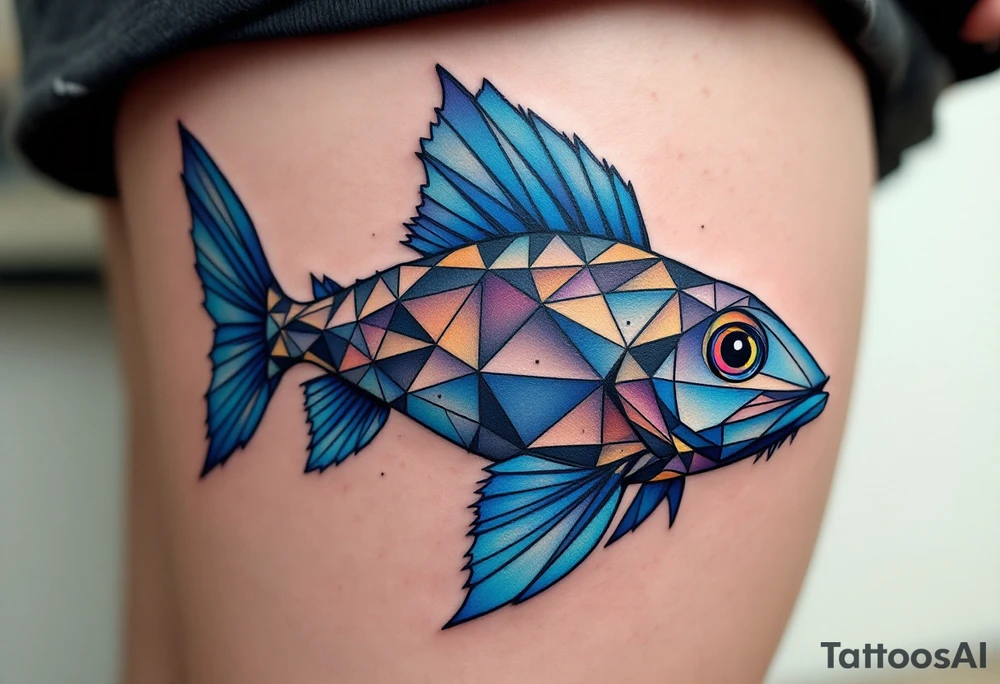 Geometric Catfish – A catfish formed with sharp angular segments in gradient shades of blue, fins segmented with triangle patterns, and a dotwork water base. tattoo idea