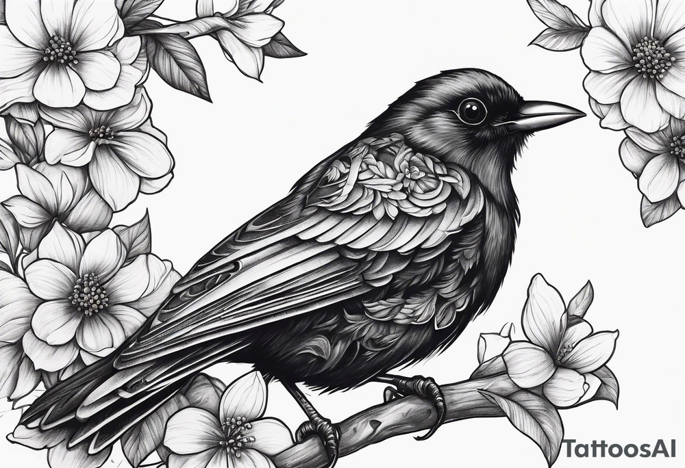 A black bird with its wings up on a branch with flowers tattoo idea