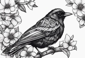 A black bird with its wings up on a branch with flowers tattoo idea
