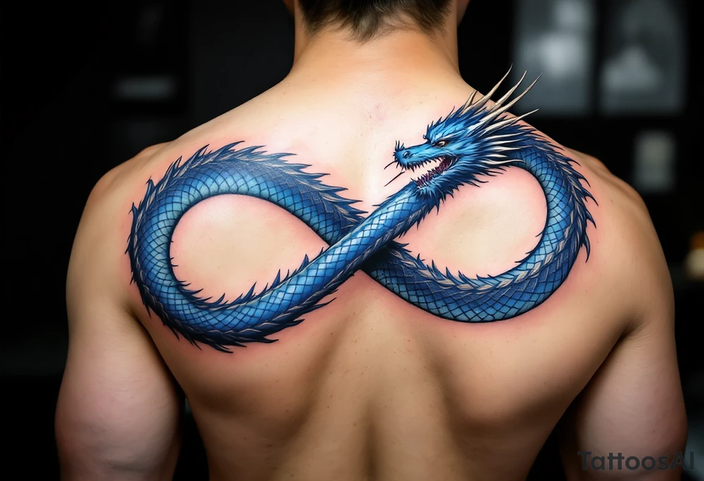 The design features a dragon, coiled in the shape of the infinity symbol (sideways number "8"). The dragon is depicted eating its own tail, symbolizing eternity and continuity, inspired by the Ouroboros.

Details:

The dragon's body has vibrant, glossy blue scales, with a smooth and polished texture.
It maintains a clean, balanced shape in the infinity figure, with sharp details and elegant flow.
Style:

The focus remains on the dragon's form, with no additional background elements to keep the design minimal and modern. tattoo idea