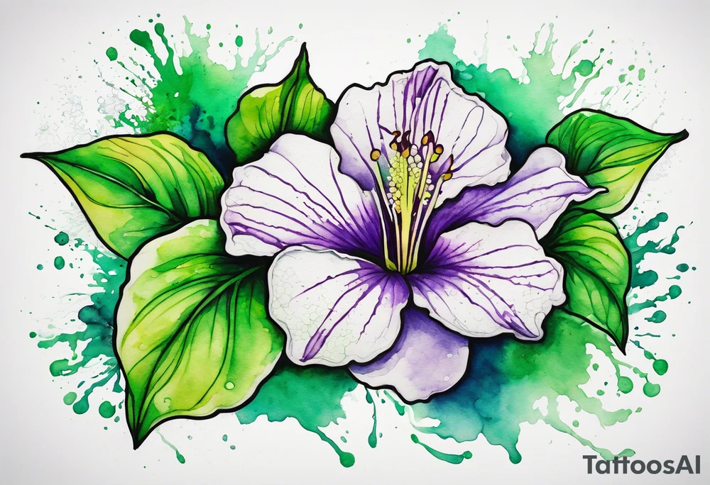 An outline of an only green rio dipladenia flower and a green and purple watercolor splash in the background tattoo idea