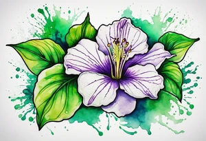 An outline of an only green rio dipladenia flower and a green and purple watercolor splash in the background tattoo idea