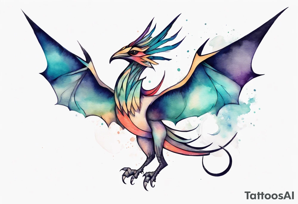 a bird-wyvern hybrid wearing a minimalist crown, flying tattoo idea