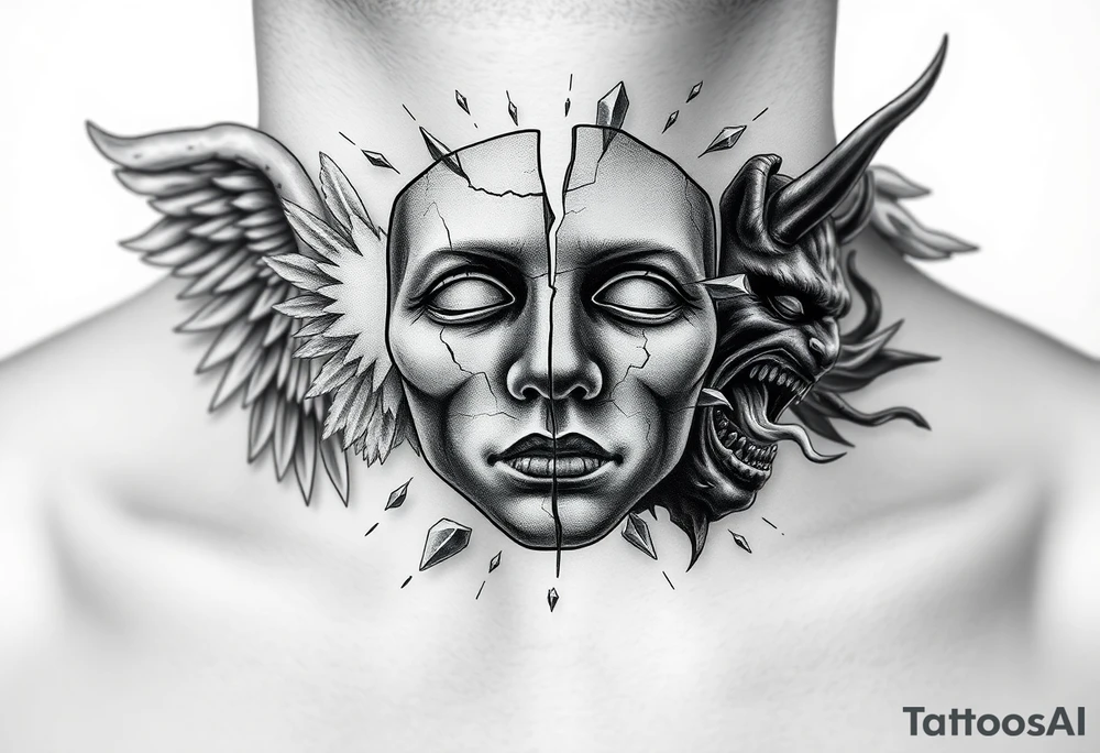Realistic black and grey neck tattoo design. In the center of the throat, a human mask made of cracked stone or porcelain with natural facial features. The mask is breaking apart from the pressure of both sides — a screaming angel on the left and a screaming demon on the right. From the cracks on the angel’s side, soft white and blue light emerges; from the demon’s side, dark smoke and shadow flow out. The mask’s fragments slightly detach, revealing inner light and darkness mixing at the center. Highly detailed realism with strong contrast, fine shading, emotional and symbolic atmosphere, representing the true self shattered by the inner battle between good and evil. tattoo idea
