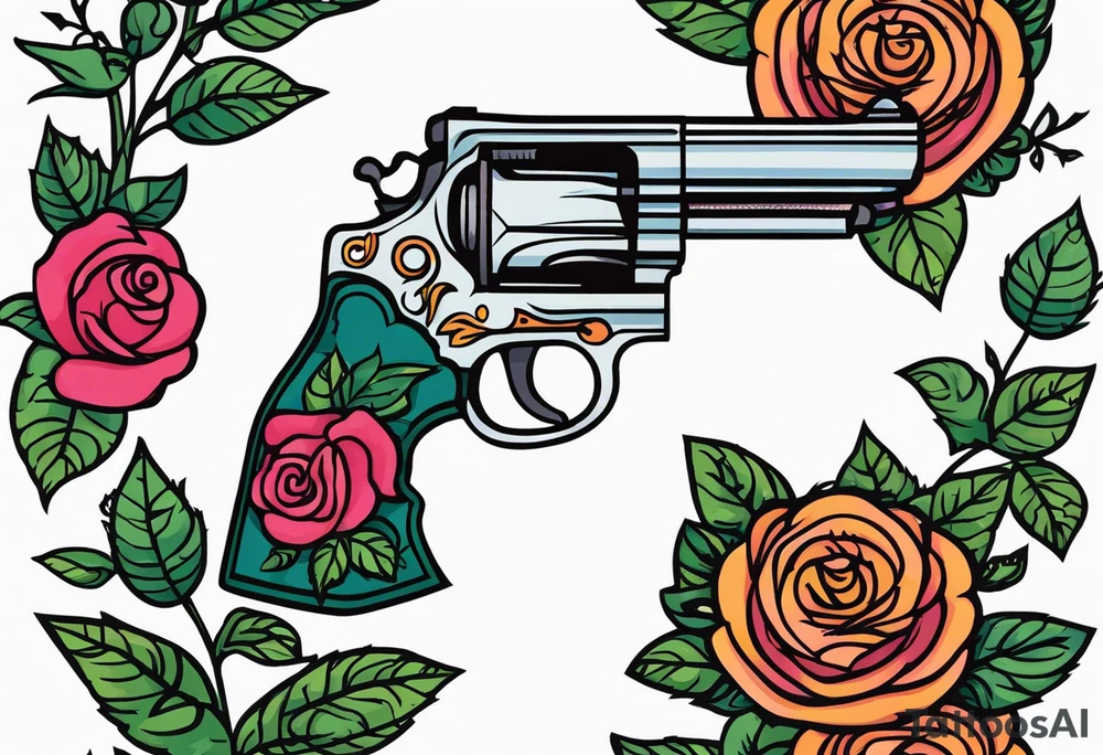 Revolver, roses, plants, pentagram tattoo idea