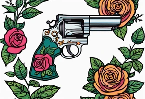 Revolver, roses, plants, pentagram tattoo idea