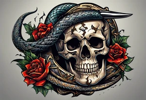 Snake wrapped around a dagger grip striking through a skull. Show the cracks and fragments of the skull from the dagger tattoo idea