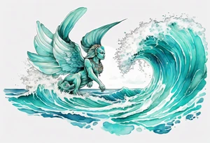 a beautiful turquoise sphinx emerging from an ocean wave, crashing onto the shore tattoo idea