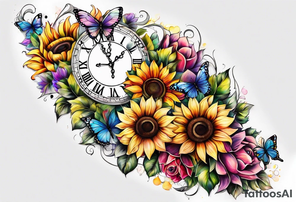 Memorial arm sleeve for mom with rainbow sunflowers and butterflies tattoo idea