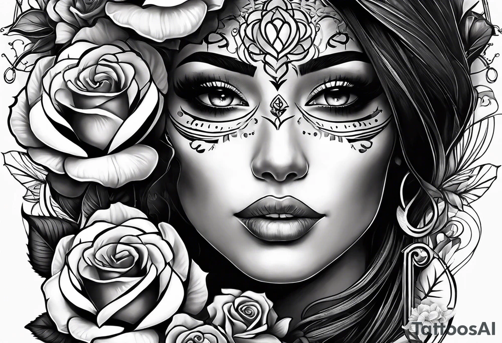 Hispanic/ Latin  woman  with half skull face , roses, loving heART, strength,  cancer zodiac sign  , time heals all tattoo idea