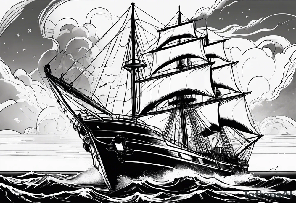ghost marine lighthouse behind the bow of a sailboat. tattoo idea