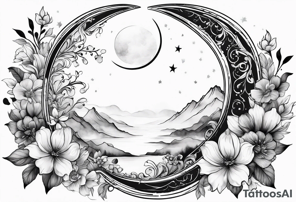 Crescent moon shrouded by beautiful flowers with wisps of mist tattoo idea