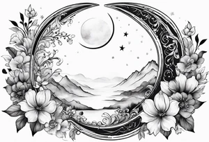 Crescent moon shrouded by beautiful flowers with wisps of mist tattoo idea