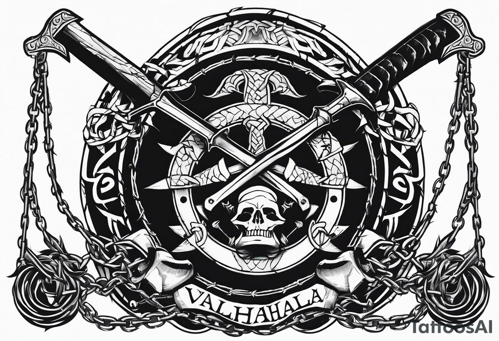 Valhalla sword shield axe barbed wire chains dark cloud tattoo idea