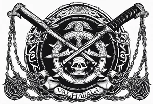 Valhalla sword shield axe barbed wire chains dark cloud tattoo idea