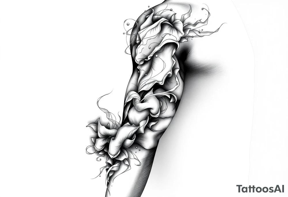 Tattoo sleeve filler using smoke, ash, and fragmented memory effects, organic flow wrapping around arm muscles, soft gradients, negative space, black and grey realism, seamless transitions between main tattoo elements. tattoo idea