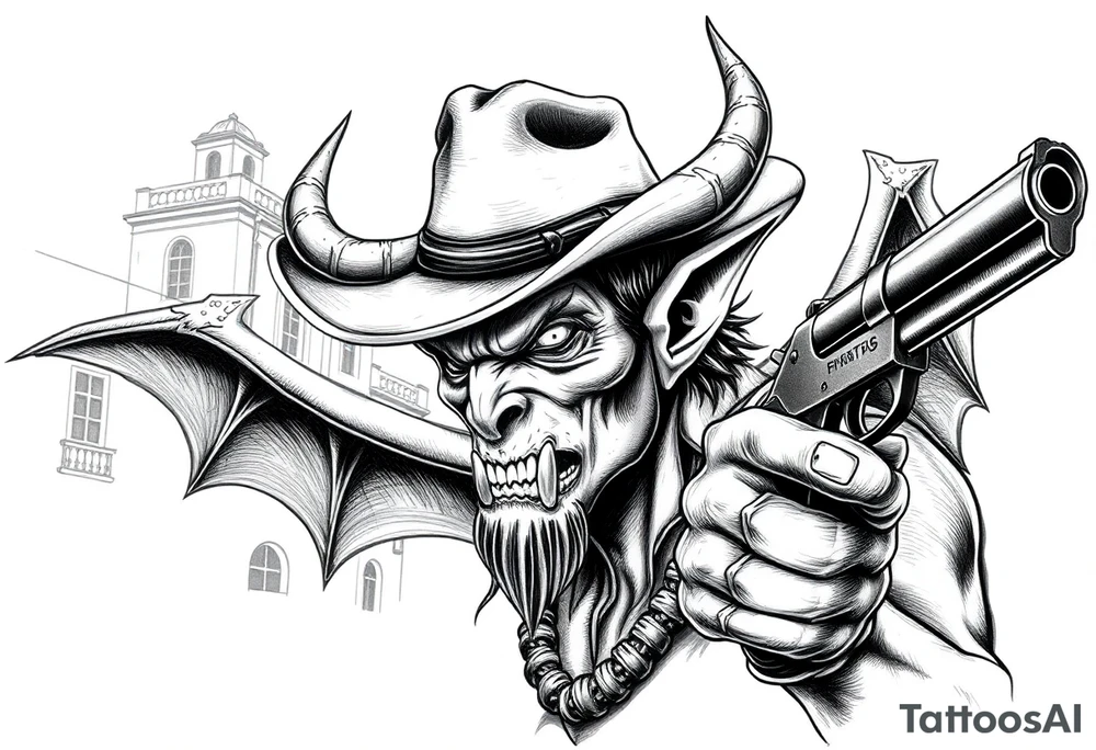 a demon with cowboy-hat ,a gun in a hand, old buildings in the background. tattoo idea