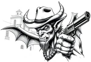 a demon with cowboy-hat ,a gun in a hand, old buildings in the background. tattoo idea