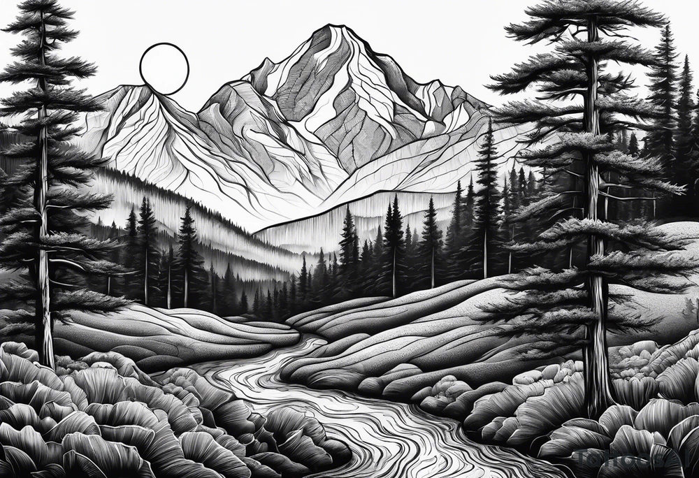large trees in the front with mountain sides and sun tattoo idea