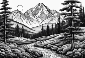 large trees in the front with mountain sides and sun tattoo idea