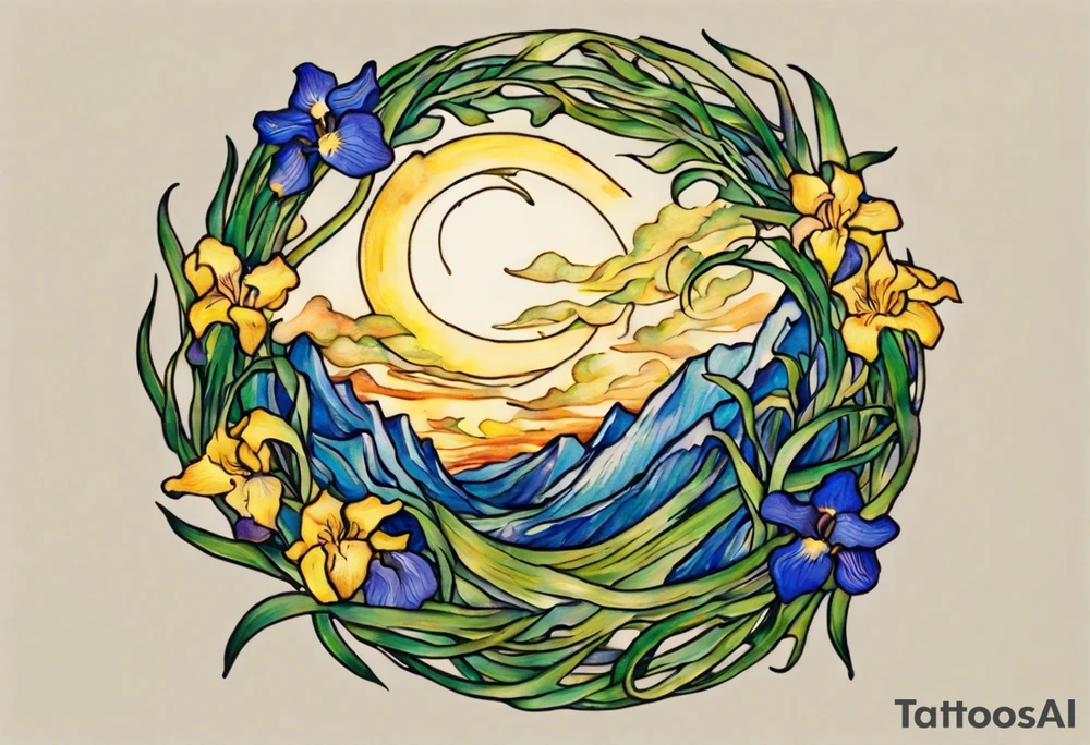 Create a small, colorful Vincent van Gogh Irises tattoo in the form of a crescent, with vines gracefully intertwining at a central point in the middle of the wreath. The intended placement is on the upper chest. The middle needs mountains. The overall design should be small in size while maintaining a delicate and artistic aesthetic. Pay attention to the graceful flow of the vines and the placement of the irises to achieve a refined and elegant look. tattoo idea