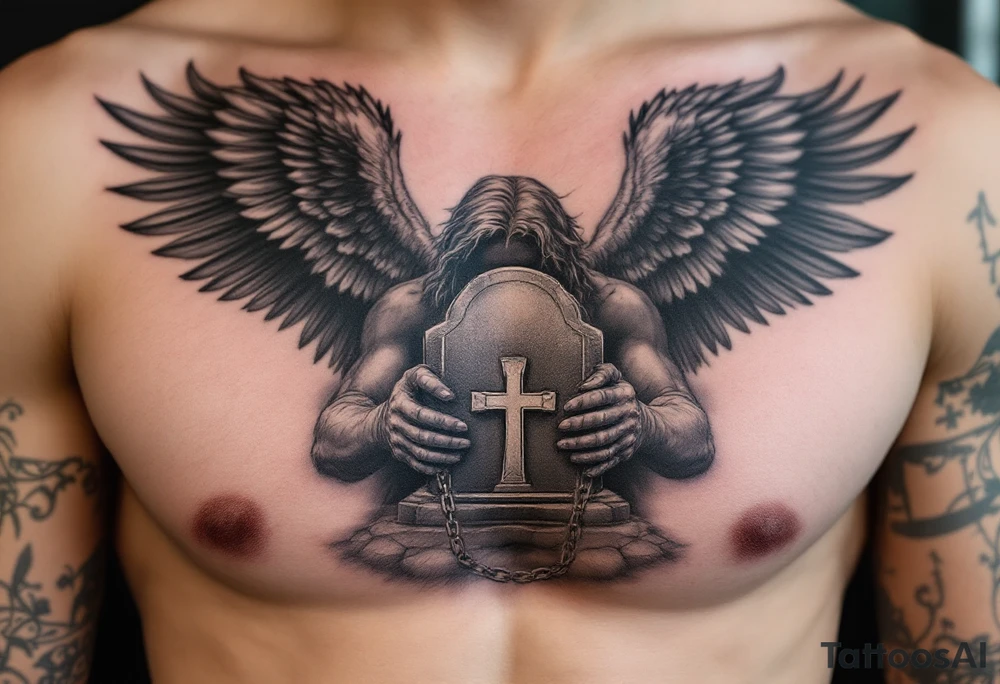 Angel hold headstone in hands with a cross chain hanging down with large wings tattoo idea