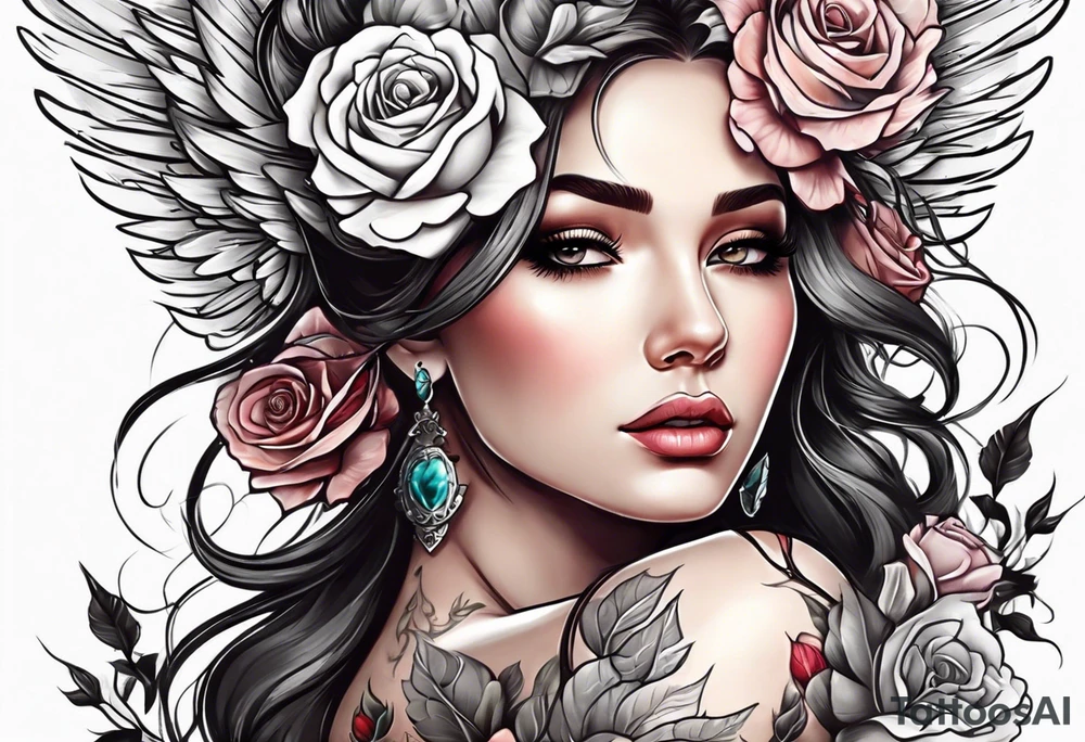 Beautiful woman angle with wings standing surrounded by roses tattoo idea