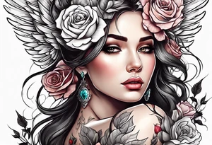 Beautiful woman angle with wings standing surrounded by roses tattoo idea