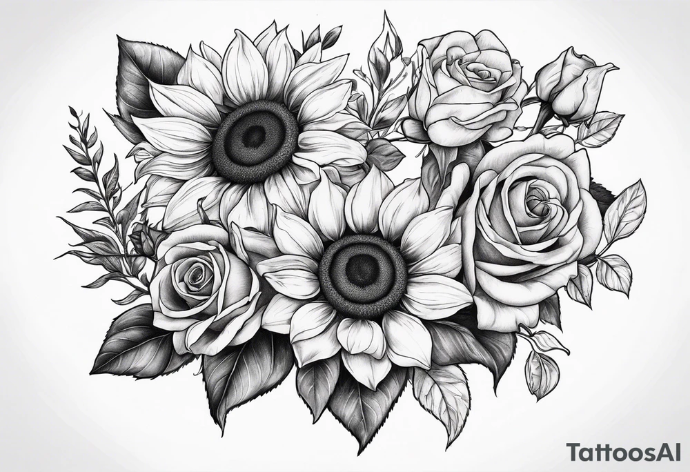 sunflower rose sweet pea bouquet tattoo idea