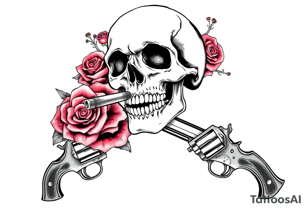 A skull smoking a cigar, entwined with thorny red roses, crossed revolvers below. tattoo idea