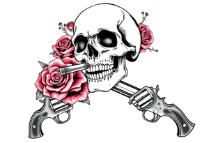 A skull smoking a cigar, entwined with thorny red roses, crossed revolvers below. tattoo idea