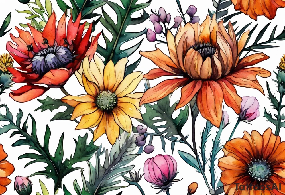 wildflowers with thistles, ferns, burnt orange flower, white flowers, pink flowers, red flowers and yellow flowers all in watercolor tattoo idea