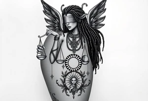 Black Sylph with dreads wearing blind fold and ankh pendant with tattoos holding weighing scales with the sun and moon rose vines surrounding and Anubis guarding tattoo idea