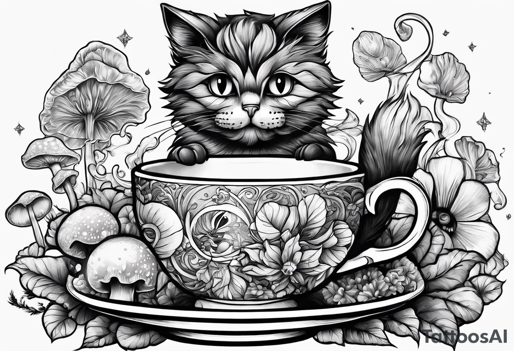 A mysterious cat taking a hot mushrooms cup of tea tattoo idea
