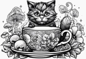 A mysterious cat taking a hot mushrooms cup of tea tattoo idea