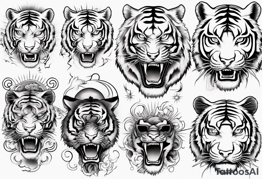 Tiger sleeve tattoo with lightning and the sun tattoo idea