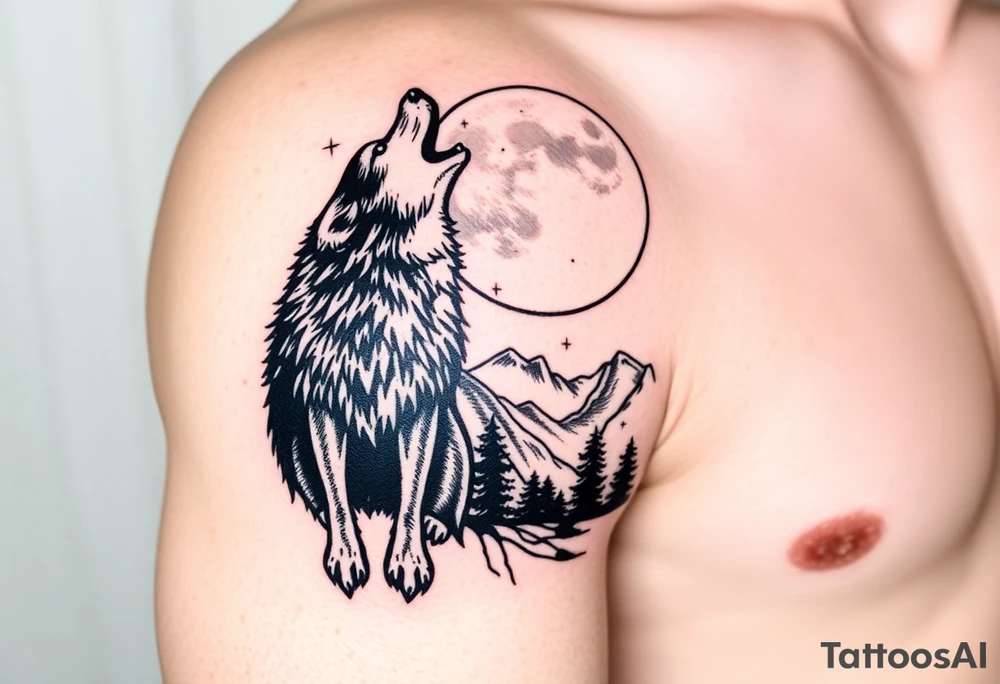 lone wolf howling at full moon with northern lights backdrop tattoo idea