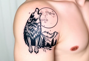 lone wolf howling at full moon with northern lights backdrop tattoo idea